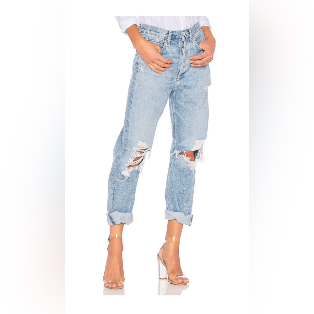 AGOLDE 90s Mid Rise Loose Fit Jeans 33 Button Fly Straight Destroyed in Fall Out